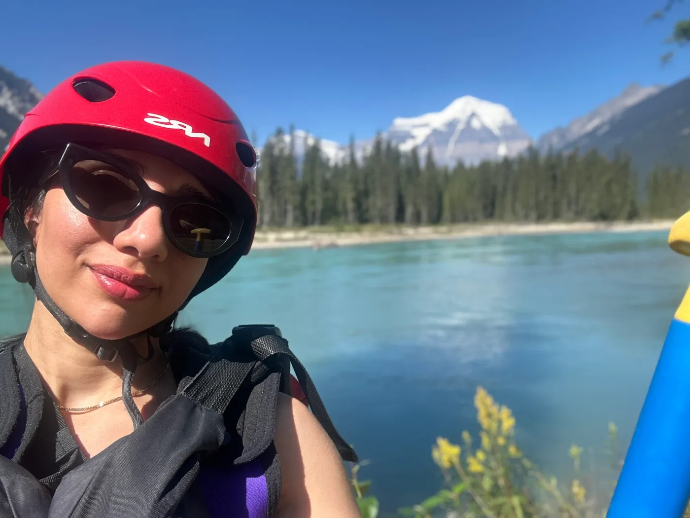 A personal rafting-day photograph beside a mountain river.