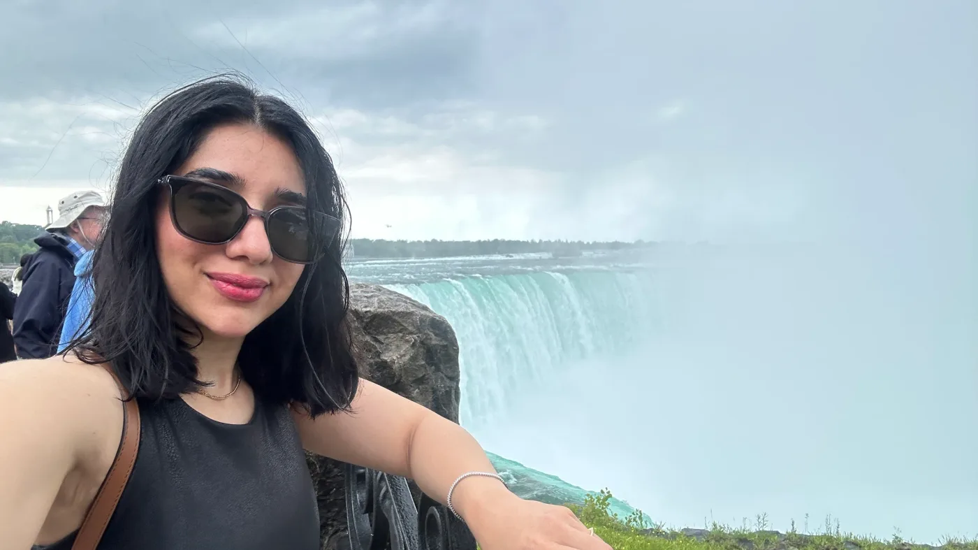 A personal photograph with a broad waterfall and mist in the background.