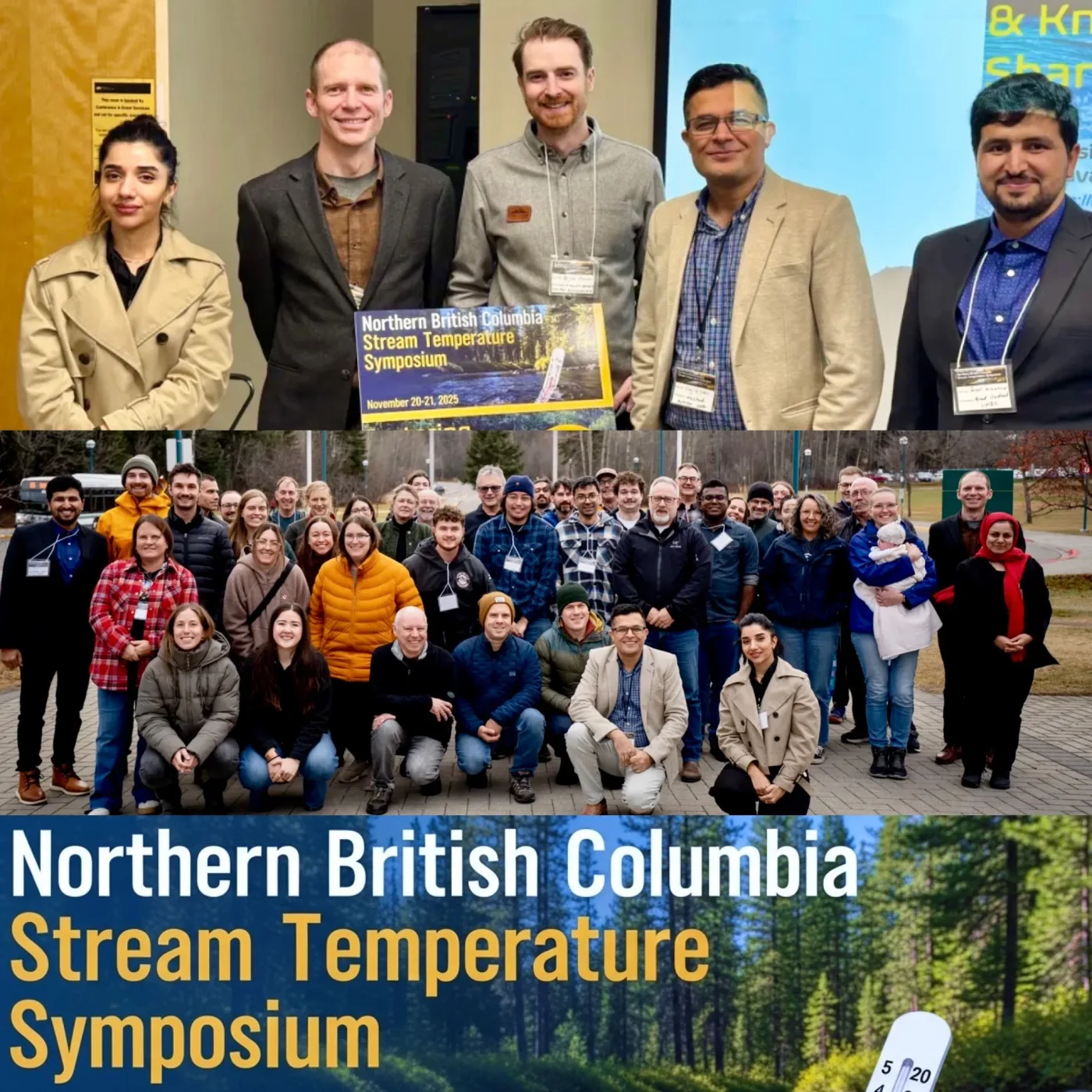 A collage of participants and the Northern British Columbia Stream Temperature Symposium sign