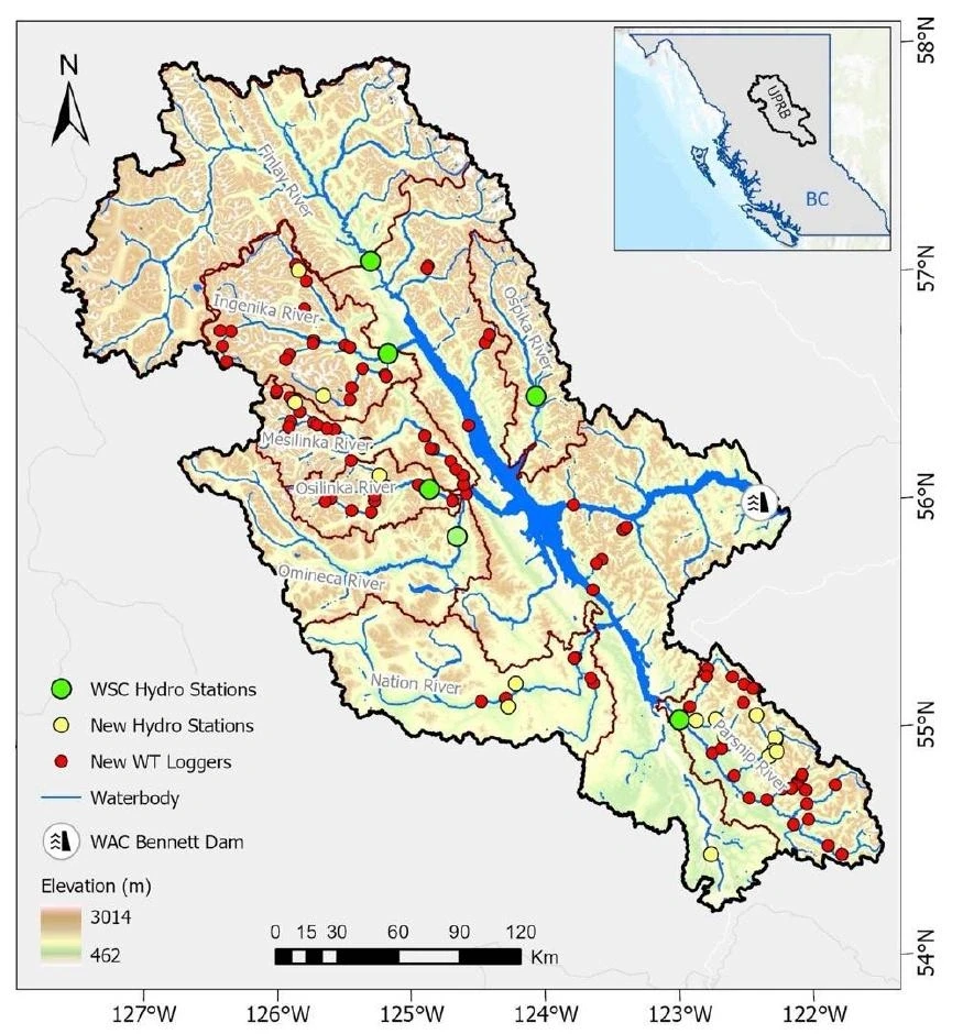 Upper Peace River Basin map showing sub-basins, river network, Water Survey of Canada stations, new hydrometric stations and temperature logger sites, with a British Columbia inset.